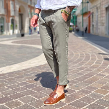 Pantalone con bottone di lino Verde - FLAG STORE